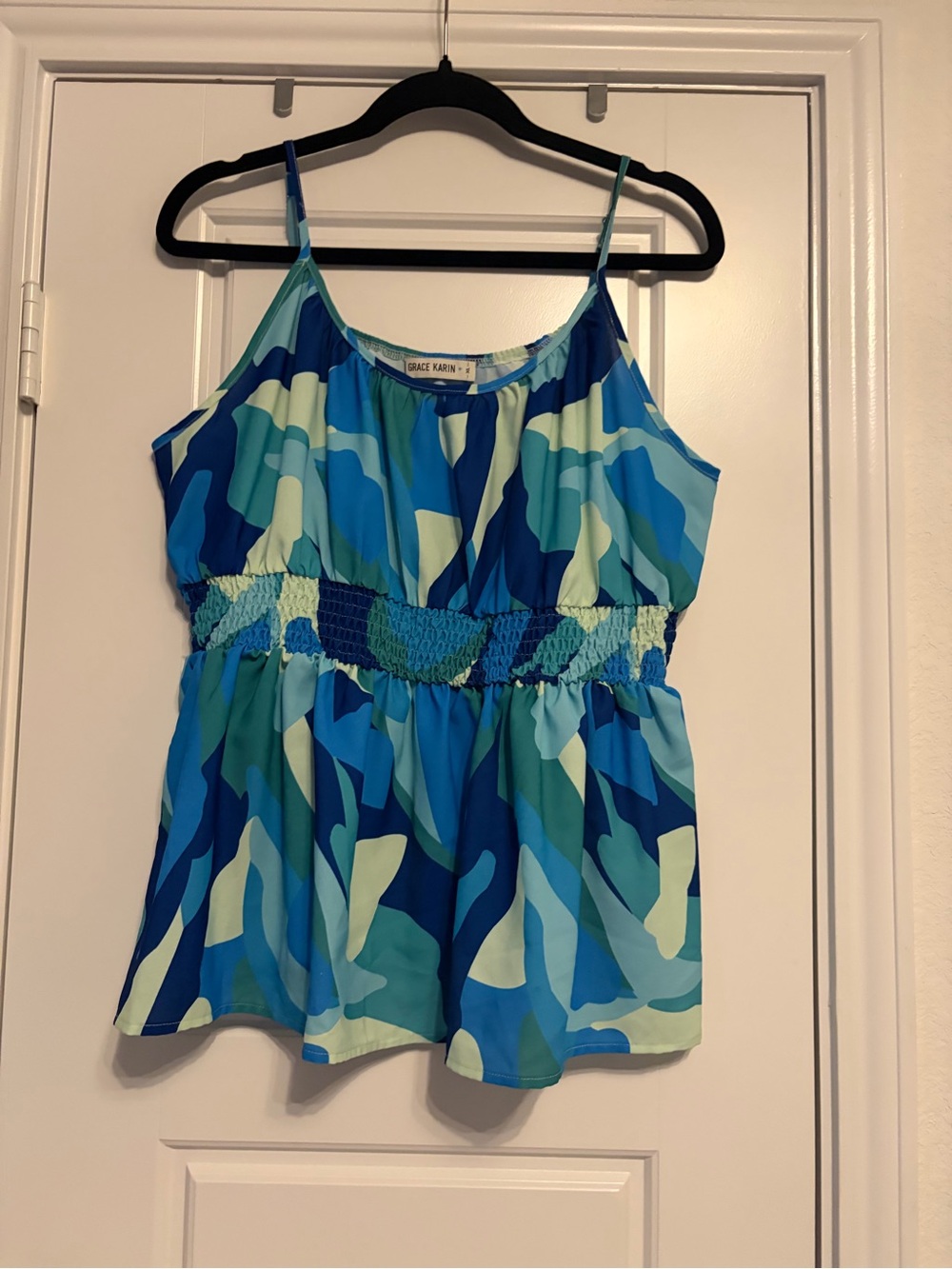 Grace Karin Abstract Blue Green Smocked Empire Waist Peplum Cami Top XL